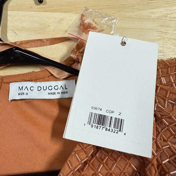 Mac Duggal NWT Copper Beaded Wrap Over Puff Sleeve Dress Rhinestone Waist Size 2 - Picture 6 of 10